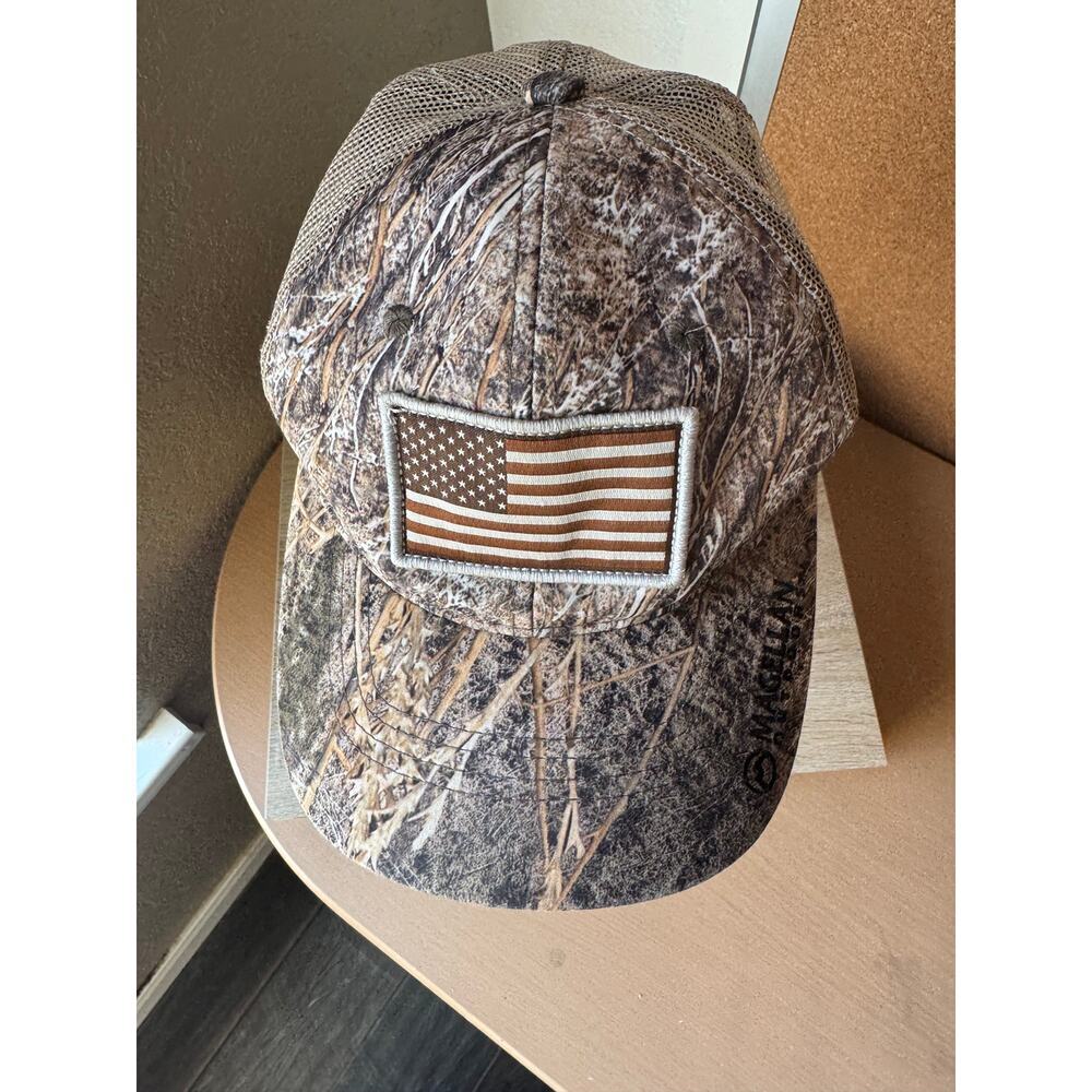 Magellan Outdoors Camo Trucker Hat with American Flag Patch